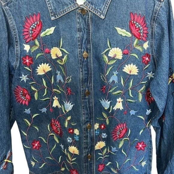 The Quacker Factory Embroidered Denim Jacket Floral & Butterfly Design Size M - Picture 3 of 14